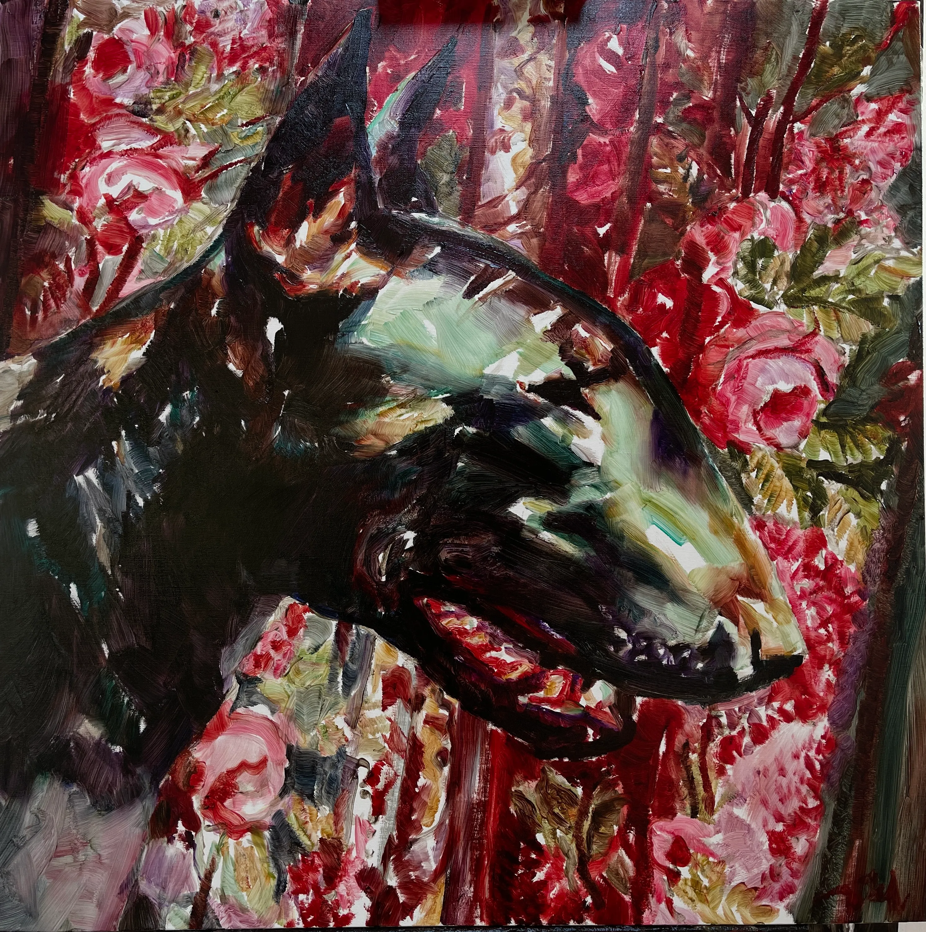 Dark Terrier with Flowers